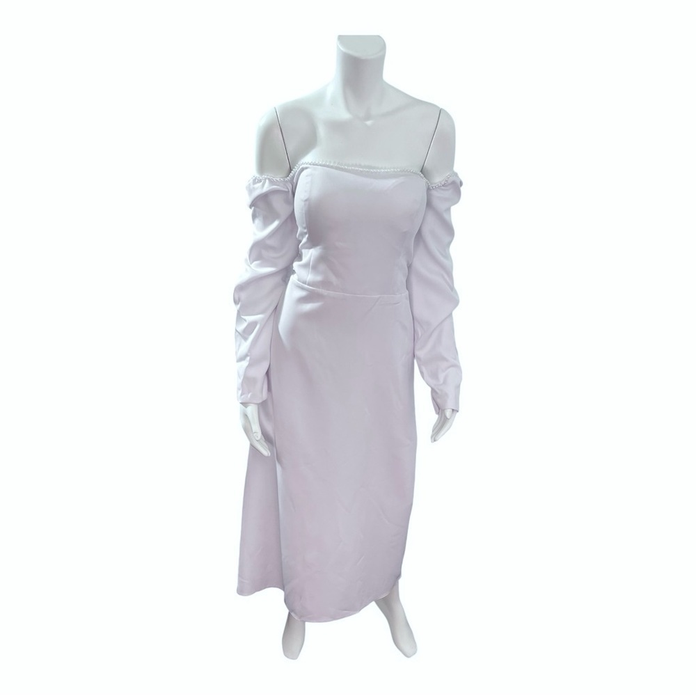 White Off Shoulder or Square Neck Long Sleeve Dress Pearl Neck Trim sz 16 NWT